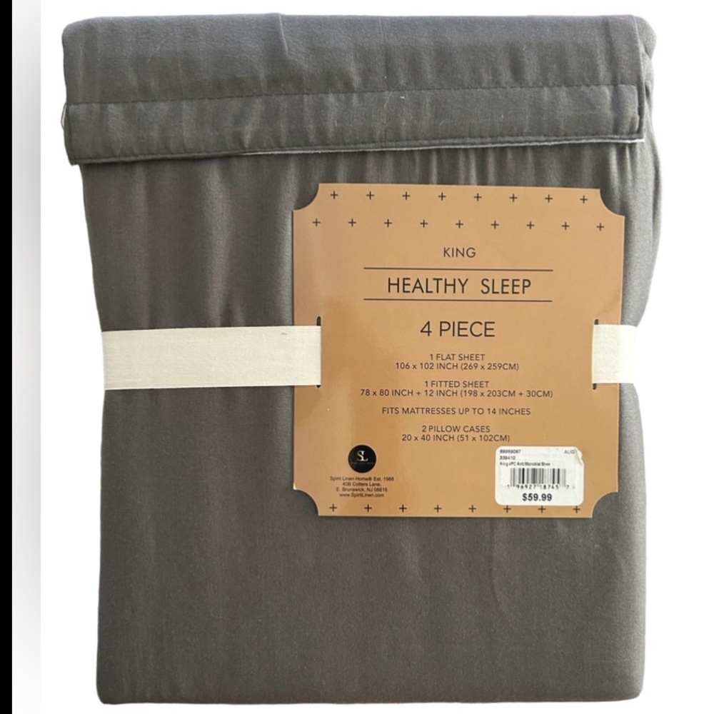 NEVER USED Healthy Sleep King Size 4 Piece Sheet Set Gray Anti-Microbial